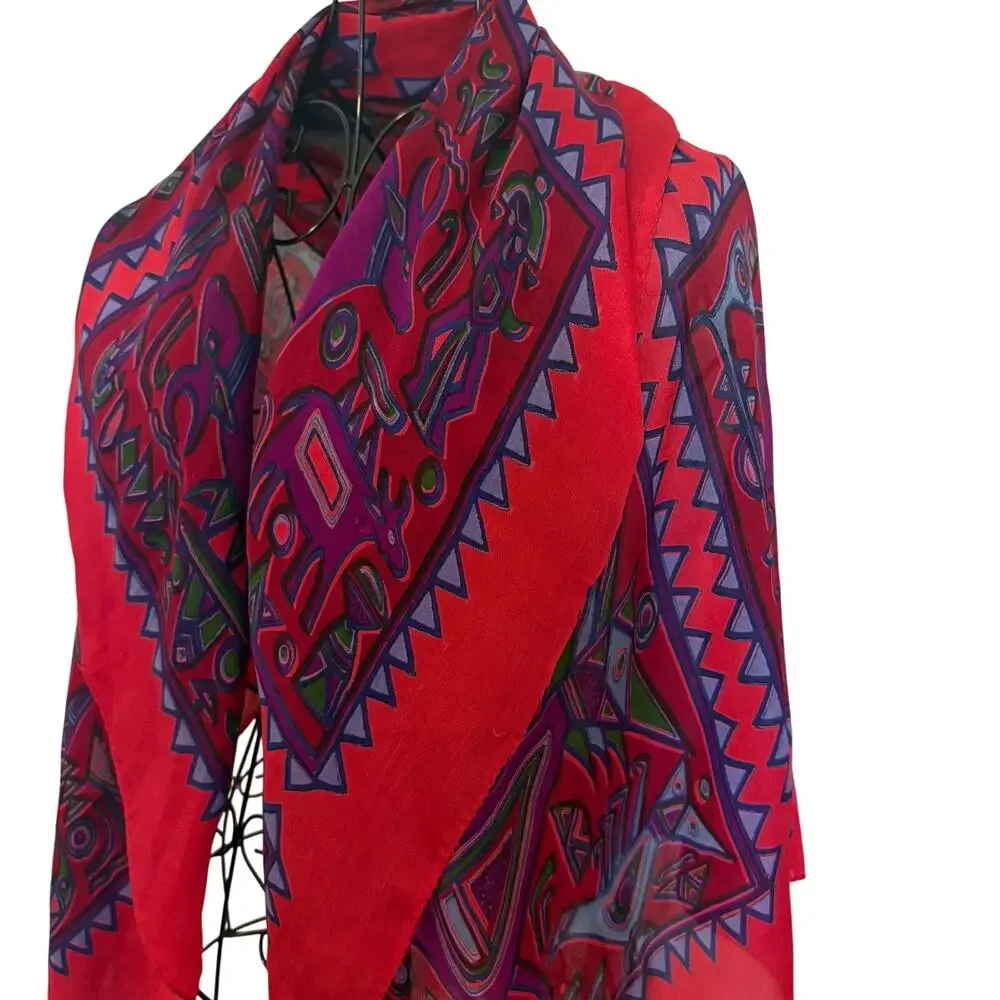 RAGA NY !00% Woven Silk Scarf Wrap Shawl Native Art Southwest Boho Lagenlook